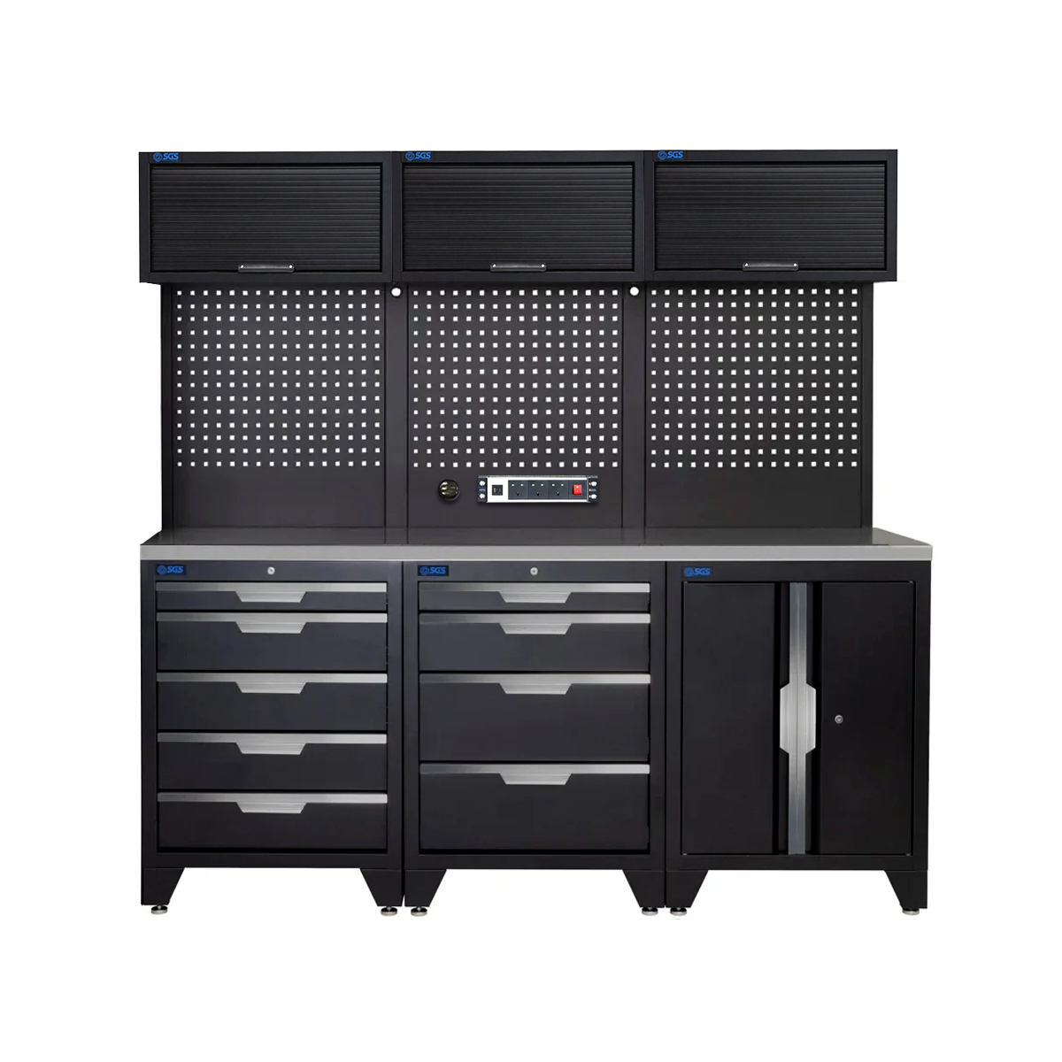 SGS 9pc Modular Garage Storage | 9 Drawers | Stainless Steel Worktop | Pegboard with Power Strip | Floor Cabinet | 3x Upper Roller‑Door Cabinets